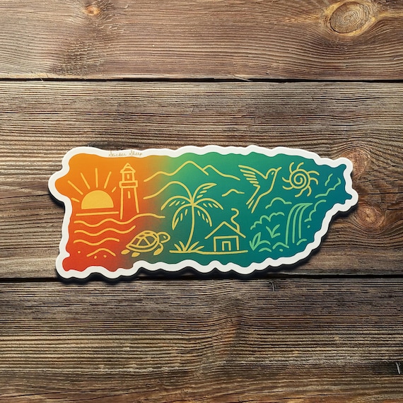 Puerto Rico Island Vinyl Sticker: Tropical Sunset, Lighthouse & Coquí