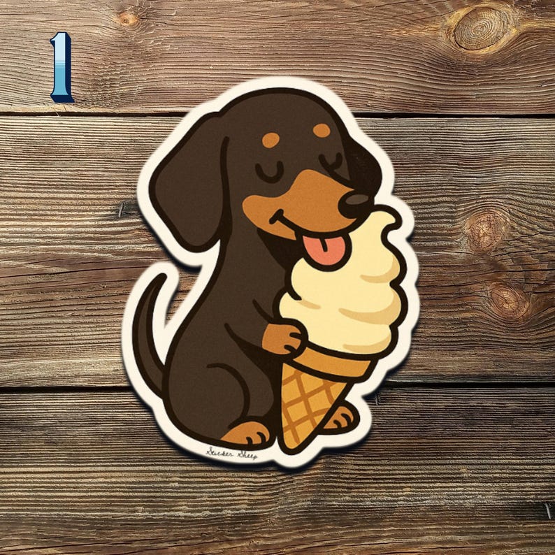 May include: A sticker of a cartoon dachshund dog with brown and black fur, holding a vanilla ice cream cone. The dog has its eyes closed and tongue sticking out. The sticker is on a wooden background.