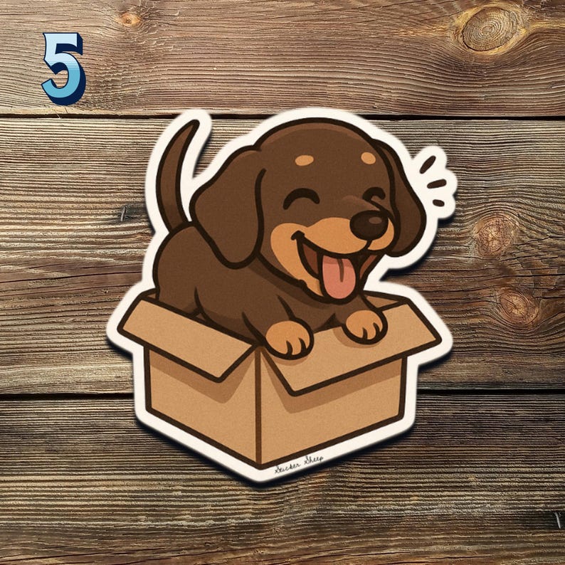 May include: A sticker of a cartoon dachshund puppy with a happy expression, sitting in a cardboard box. The puppy is brown and tan, with its tongue sticking out. The number 5 is in blue in the upper left corner.