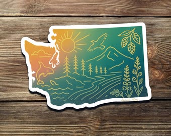 Washington State Vinyl Sticker – Gold Foil Design with Orca, Rainier, and Hops