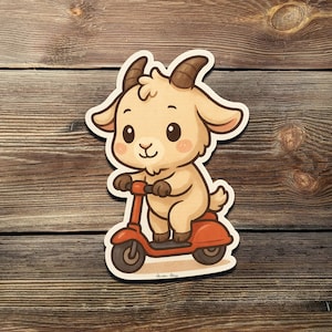 Funny Goat on Scooter Sticker – Cute Kawaii Vinyl Decal for Laptops, Water Bottles, Notebooks, or Gift for Animal Lovers
