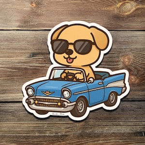 Sticker coole hond rijdende klassieke auto - grappige kawaii pup in zonnebril vinyl sticker voor laptops, flessen water en hondenliefhebbers