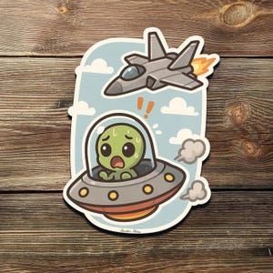 Funny Alien UFO Sticker: Kawaii Sci-Fi Vinyl Decal