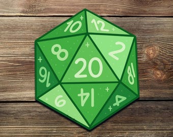 Green D20 Dice Sticker: Lucky RPG Vinyl Decal for DnD Gamers