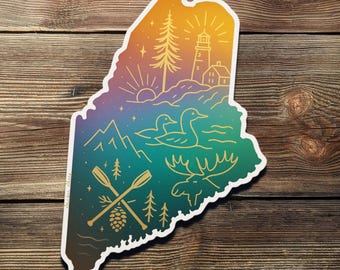 Maine Vinyl Sticker: Lighthouse, Moose, Loon, Pine Tree - Waterproof Decal