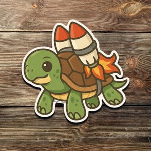 May include: A cartoon illustration of a green turtle with a brown shell wearing a pair of red and white rocket boosters on its back. The turtle is smiling and has large, round eyes.