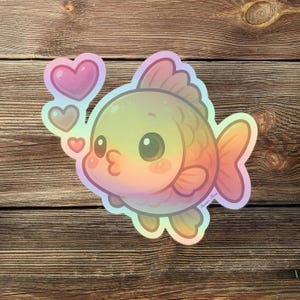 May include: A holographic sticker of a cartoon goldfish with a rainbow gradient. The fish has large eyes and is blowing kisses, with three pink hearts floating above it. The sticker is on a wooden background.