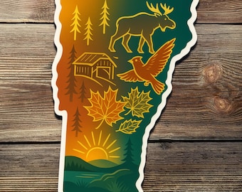Vermont Sunset Sticker: Moose & Maple Leaf Design - Waterproof Vinyl Decal