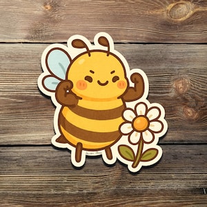 Starke Biene Aufkleber - Kawaii Hummel mit Blume Vinyl Aufkleber für Laptops, Journals & Bienenliebhaber