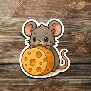Cute Mouse with Cheese Sticker – Kawaii Vinyl Animal Decal for Laptops, Journals, Water Bottles, or Funny Food Gift