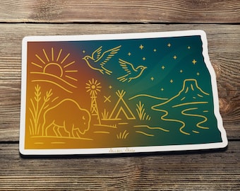 North Dakota Sunset Vinyl Sticker: Bison, Tipi & Prairie Scene