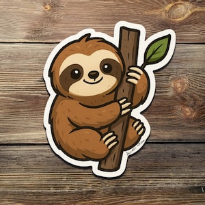 May include: A die-cut sticker featuring a cartoon sloth clinging to a brown tree branch with a green leaf. The sloth is brown with a lighter tan face and a smiling expression. The sticker has a white border and the text "Sucker Sheep".