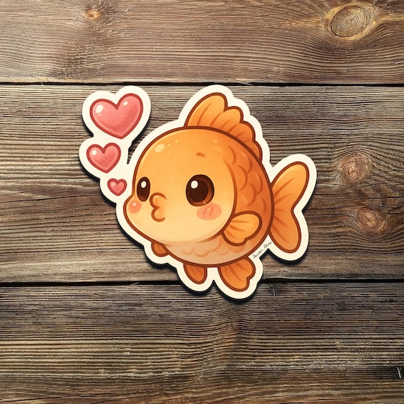 Kawaii Goldfish Sticker: Blowing Hearts, Waterproof Vinyl Decal