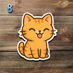 May include: A smiling orange tabby cat sticker with black stripes, a white outline, and its tongue sticking out. The number 8 in blue is in the upper left corner. The sticker is on a wooden background.