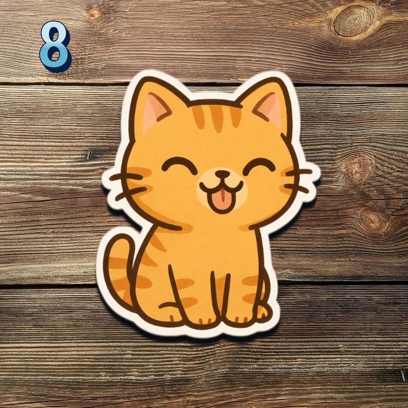 May include: A smiling orange tabby cat sticker with black stripes, a white outline, and its tongue sticking out. The number 8 in blue is in the upper left corner. The sticker is on a wooden background.
