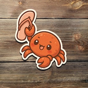 Cute Kawaii Crab Sticker Holding Flip Flop for Laptop Water Bottle Scrapbook Beach Summer Aesthetic Vinyl Decal Gift for Kids