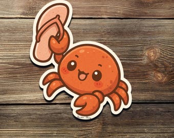 Funny Crab Stealing Flip Flop Sticker: Kawaii Vinyl Decal