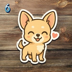 May include: A sticker of a cartoon chihuahua with a cheerful expression and a small pink heart. The dog is light brown with a white belly and large ears. The number 6 is in the upper left corner.