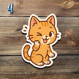 May include: A sticker featuring a cartoon orange tabby cat winking and smiling. The cat has brown stripes and is sitting with one paw raised. The number "4" is in the upper left corner. The background is a wooden surface.