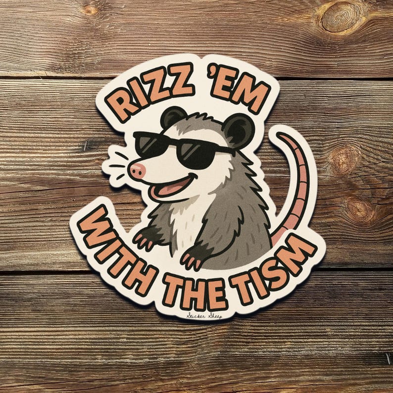 May include: A die-cut sticker featuring a cartoon opossum wearing sunglasses. The opossum is gray and white with a pink nose and tail. The sticker has the text "Rizz 'em with the Tism" in a peach-colored font.