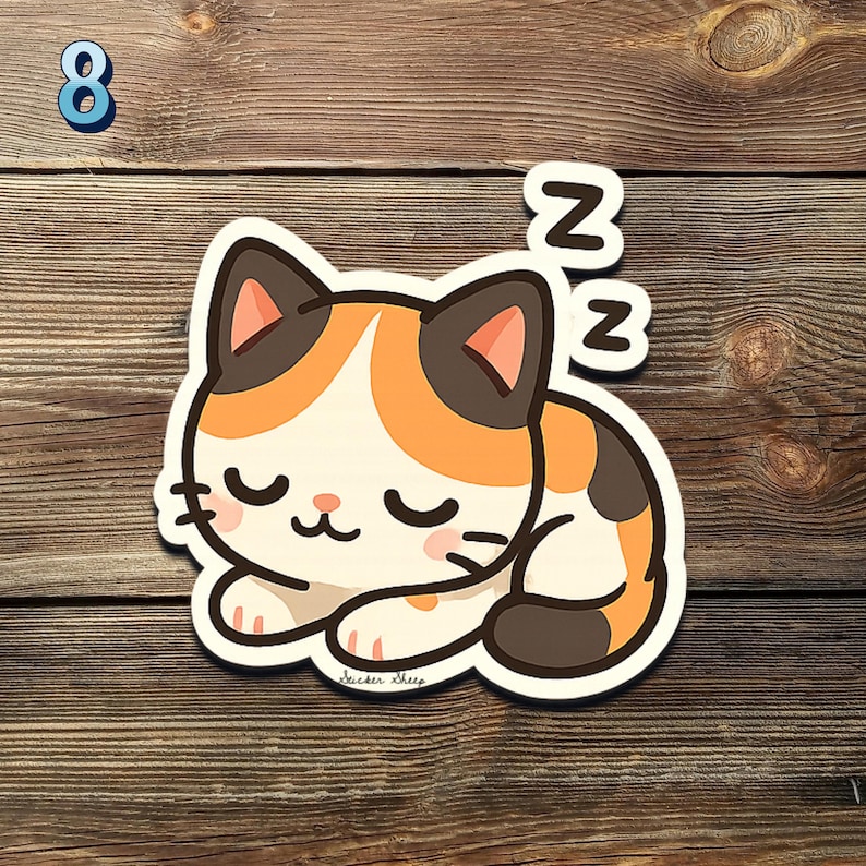 May include: A sticker featuring a cartoon calico cat sleeping peacefully. The cat has orange, brown, and white fur, closed eyes, and pink cheeks. Two white "Z"s float above the cat, indicating sleep. The number "8" is in the top left corner.