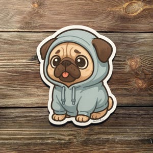 Sticker schattige mopshond met capuchon – kawaii vinylsticker hond, knusse puppy in sweater, sticker grappige dieren voor laptops en tijdschriften