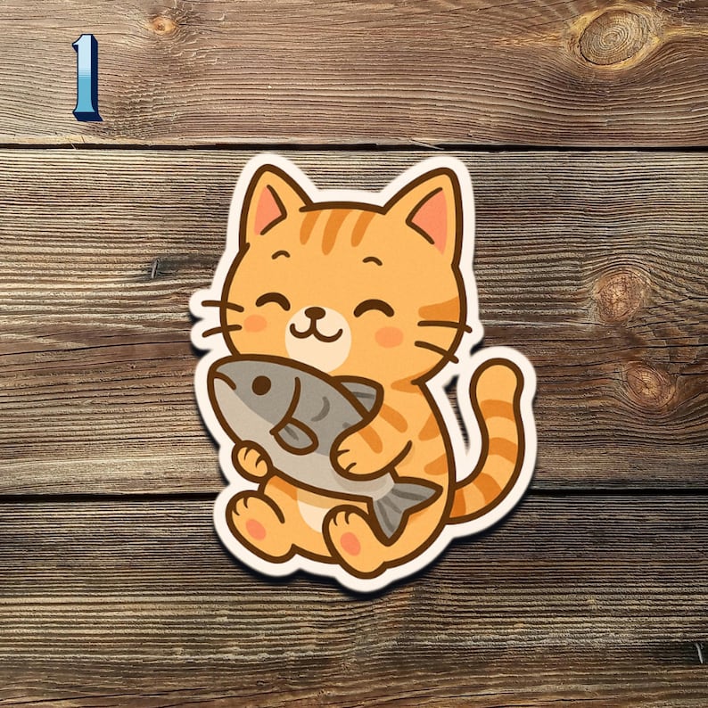 May include: A sticker featuring a cartoon orange tabby cat with black stripes, holding a gray fish. The cat has a smiling face and is sitting down. The number "1" is in the upper left corner.