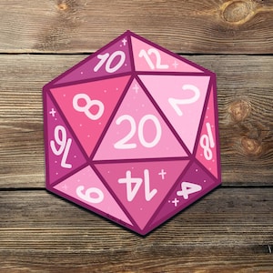 Pink D20 Dice Sticker Cute Kawaii RPG Vinyl Decal for DnD Players Dice Goblins Dungeon Masters Laptop Journal or Gamer Gift Idea