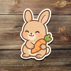 Sticker Chibi Bunny Rabbit – schattig kawaii konijntje met wortel | Vinyl dierensticker voor laptop, bidon, planner