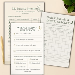 May include: Cream-coloured planner pages with green text and a gold pen. The pages include sections for recording daily prayers, weekly reflections, and personal intentions. The planner is designed for spiritual goals.