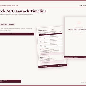 May include: A digital Romance Author Launch Toolkit featuring a 6-Week ARC Launch Timeline. The document includes a 5-page guide in DOCX and PDF formats, with a structured plan for preparation, launch day, and reader retention in dark red text.