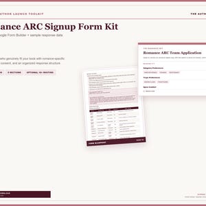 Pode incluir: Um kit de formulário de inscrição Romance ARC como modelo digital com um esquema de cores castanho escuro e creme. O documento exibe um esboço de formulário, um construtor de Google Forms e dados de resposta com o texto Romance ARC Team Application.