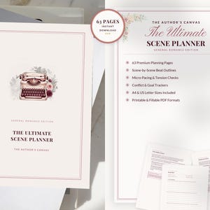 May include: The Ultimate Scene Planner, General Romance Edition, featuring a vintage typewriter illustration and floral accents. The planner includes 63 pages, scene outlines, pacing checks, and goal trackers. Available in A4 and US Letter sizes.