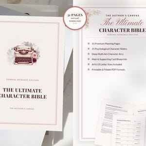 Op de afbeelding: De Ultimate Character Bible, General Romance Edition, met een illustratie van een typemachine en bloemaccenten. Bevat 31 planningspagina's, psychologische karakterschuifregelaars en afdrukbare PDF-formaten. A4- en US Letter-formaten inbegrepen.