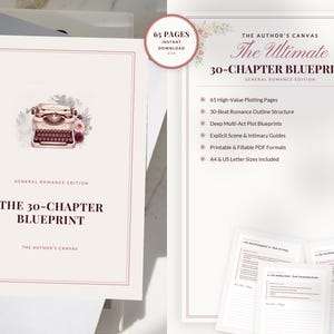 Puede incluir: Un producto digital titulado "The 30-Chapter Blueprint" para la edición de romance general. La portada presenta una ilustración de máquina de escribir vintage con acentos florales. El producto incluye 65 páginas de planificación, estructura de esquema, planos de trama, guías de intimidad y está disponible en formato PDF.