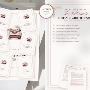 Puede incluir: El Ultimate Romance Writer Bundle, un kit de herramientas completo de novela 6 en 1. La imagen muestra una colección de cuadernos de trabajo y un documento más grande con el título y una lista de contenidos. Los cuadernos tienen una ilustración de máquina de escribir.