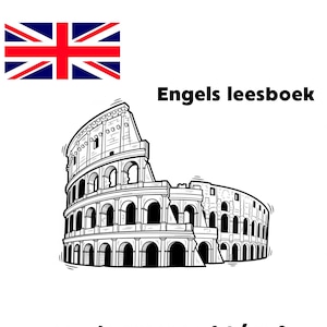 Könnte beinhalten: Schwarz-Weiß-Illustration des Kolosseums mit dem Text "The Romans" und "Engels leesboek" darüber. Die Flagge des Union Jack befindet sich in der oberen linken Ecke. Der Text "voor de groepen 6 t / m 8" steht unten.