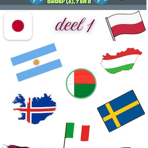 Op de afbeelding: Een educatieve afbeelding met vlaggen en contouren van landen, waaronder Japan, Argentinië, Polen, Hongarije, IJsland, Madagaskar, Zweden, Qatar, Italië en Suriname. De tekst bovenaan luidt "REIS OM DE WERELD IN 40 (SCHOOL)WEKEN KLAARWERK GROEP (6), 7 EN 8". De tekst "deel 1" is ook aanwezig.