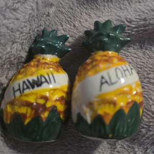 Può includere: Una coppia di spargitori in ceramica a forma di ananas con corpi testurizzati gialli e marroni e cime verdi. Uno spargitore presenta la scritta HAWAII in nero su una fascia bianca, l'altro presenta la scritta ALOHA in nero su una fascia bianca.