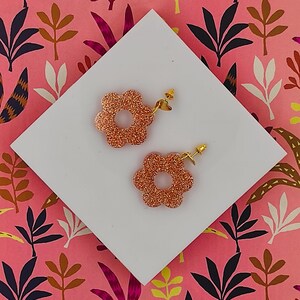 Resin earrings, flower, women&#39;s jewelry, copper glitter, MINI FLEURETTE
