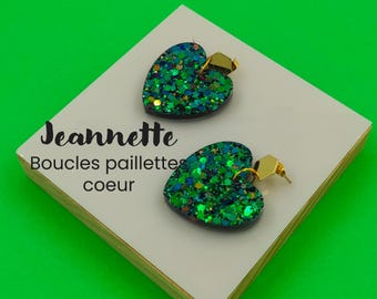 Resin earrings, heart shape, women's jewelry, holographic glitter, original gift, handmade by JEANNETTE