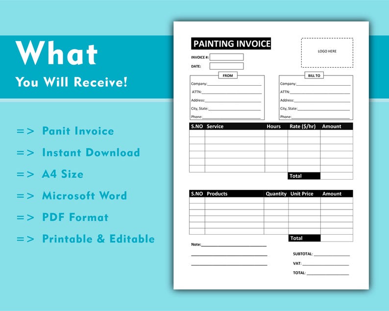 Painting Invoice. Minimalist Paint Invoice Template, Invoice Editable, Painters Invoice in Microsoft Word format, Invoice Template image 3