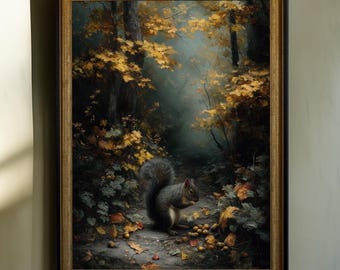 Eichhörnchen Wandbild. Verzauberter Waldweg, Herbst Cottagecore Wildtierdruck