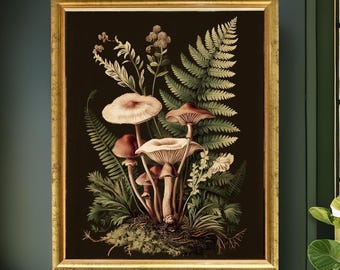Vintage Mushroom Fern Print: Botanical Cottagecore Wall Art