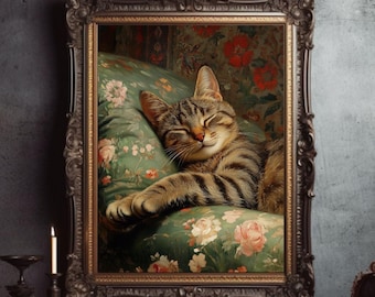 Cozy Brown Tabby Sleeping Cat Art Print, Vintage Floral Wall Art, Whimsical Tabby Cat Painting, Warm Cottagecore Home Decor, Feline Fine Art