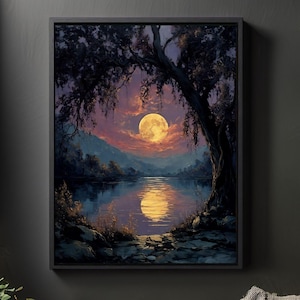 Atmospheric Full Moon Rising over Lake Print – Dreamy Night Landscape Wall Art, Moon Reflection Painting, Dark Forest Nature Decor Canvas