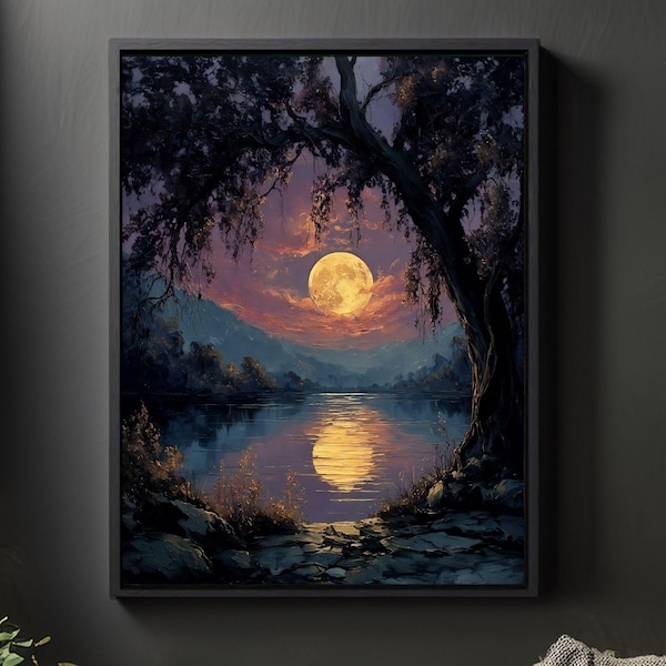 Vollmond See Leinwanddruck: Verträumte Waldnacht Landschaft Kunst