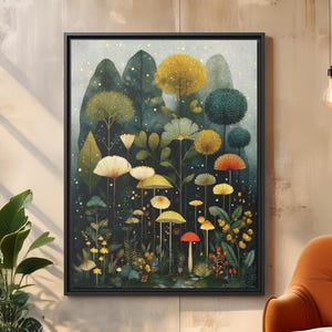 May include: A framed art print featuring a whimsical forest scene with colorful mushrooms and stylized trees in shades of green, yellow, and orange. The artwork is set against a dark background, creating a vibrant contrast. The print is displayed in a living room setting.