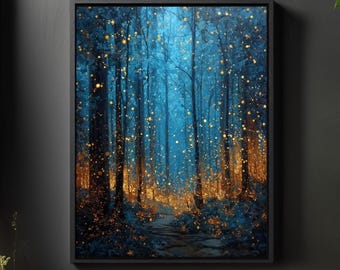 Enchanted Forest Art Print: Blue & Gold Mystical Woodland Landscape