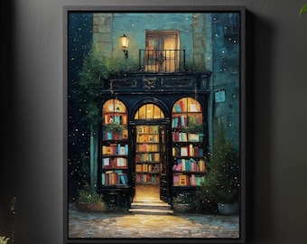 Gemütliche Buchhandlung Kunstdruck: Vintage Buchladen Illustration, Leseecke Bibliothek Studier Wandkunst, Bücherwurm Geschenk Kunst, Licht Academia Dekor